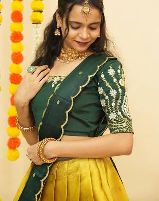 Beautiful South Indian Style Semi-Stitched Half Saree with Embroidered Blouse and Rangoli Dupatta for Women 2
