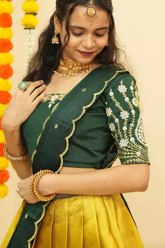 Beautiful South Indian Style Semi-Stitched Half Saree with Embroidered Blouse and Rangoli Dupatta for Women