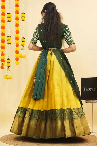 Beautiful South Indian Style Semi-Stitched Half Saree with Embroidered Blouse and Rangoli Dupatta for Women