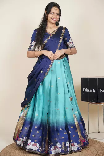 Beautiful South Indian Style Semi-Stitched Half Saree with Embroidered Blouse and Rangoli Dupatta for Women
