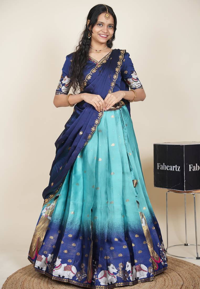 Beautiful South Indian Style Semi-Stitched Half Saree with Embroidered Blouse and Rangoli Dupatta for Women
