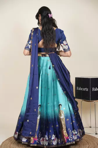 Beautiful South Indian Style Semi-Stitched Half Saree with Embroidered Blouse and Rangoli Dupatta for Women
