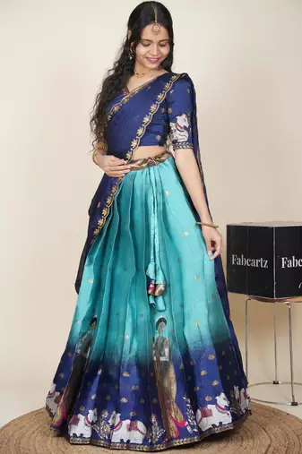 Beautiful South Indian Style Semi-Stitched Half Saree with Embroidered Blouse and Rangoli Dupatta for Women