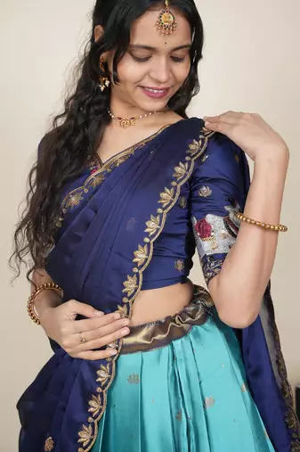 Beautiful South Indian Style Semi-Stitched Half Saree with Embroidered Blouse and Rangoli Dupatta for Women
