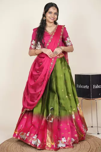 Beautiful South Indian Style Semi-Stitched Half Saree with Embroidered Blouse and Rangoli Dupatta for Women