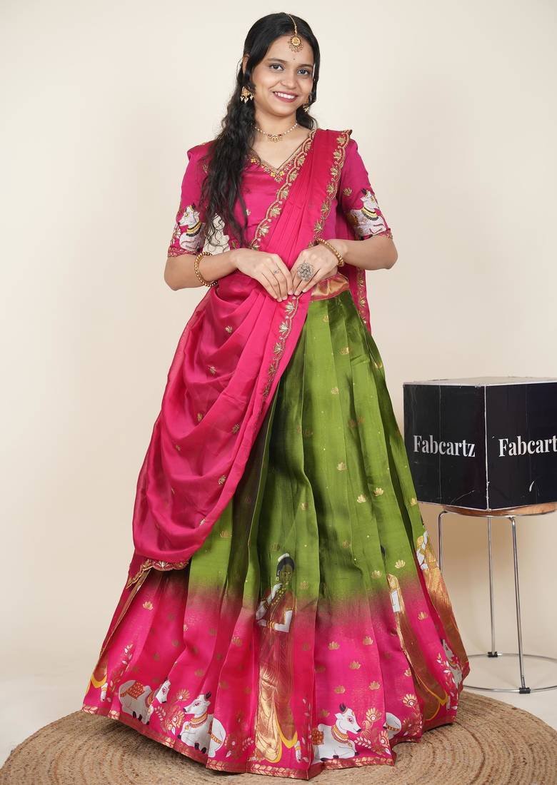 Beautiful South Indian Style Semi-Stitched Half Saree with Embroidered Blouse and Rangoli Dupatta for Women