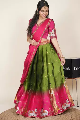 Beautiful South Indian Style ed Half Saree with Embroidered Blouse and Rangoli Dupatta for Women
