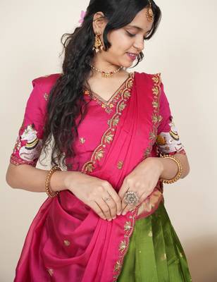 Beautiful South Indian Style ed Half Saree with Embroidered Blouse and Rangoli Dupatta for Women 4