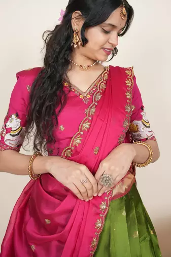 Beautiful South Indian Style ed Half Saree with Embroidered Blouse and Rangoli Dupatta for Women