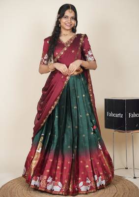 Beautiful South Indian Style ed Half Saree with Embroidered Blouse and Rangoli Dupatta for Women 1