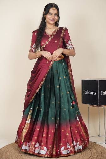 Beautiful South Indian Style Semi-Stitched Half Saree with Embroidered Blouse and Rangoli Dupatta for Women