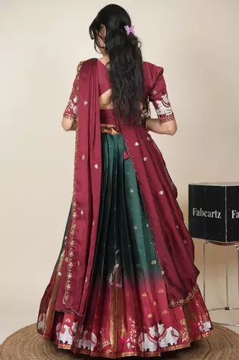 Beautiful South Indian Style Semi-Stitched Half Saree with Embroidered Blouse and Rangoli Dupatta for Women