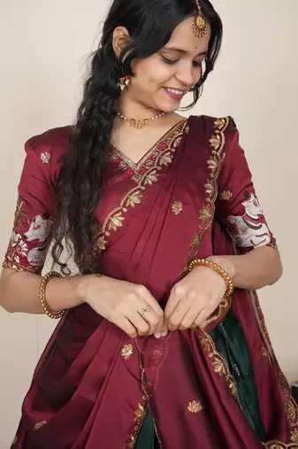 Beautiful South Indian Style Semi-Stitched Half Saree with Embroidered Blouse and Rangoli Dupatta for Women