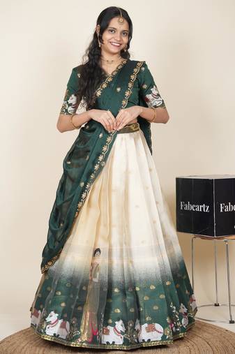 Beautiful South Indian Style Semi-Stitched Half Saree with Embroidered Blouse and Rangoli Dupatta for Women