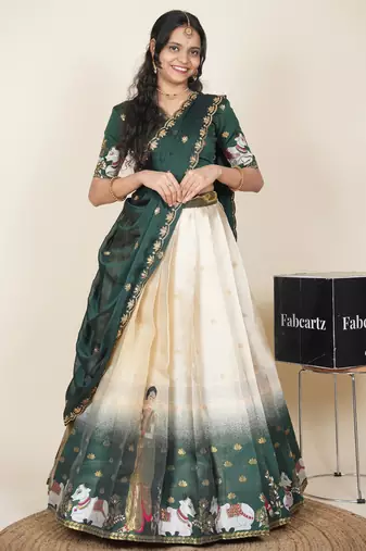 Beautiful South Indian Style Semi-Stitched Half Saree with Embroidered Blouse and Rangoli Dupatta for Women