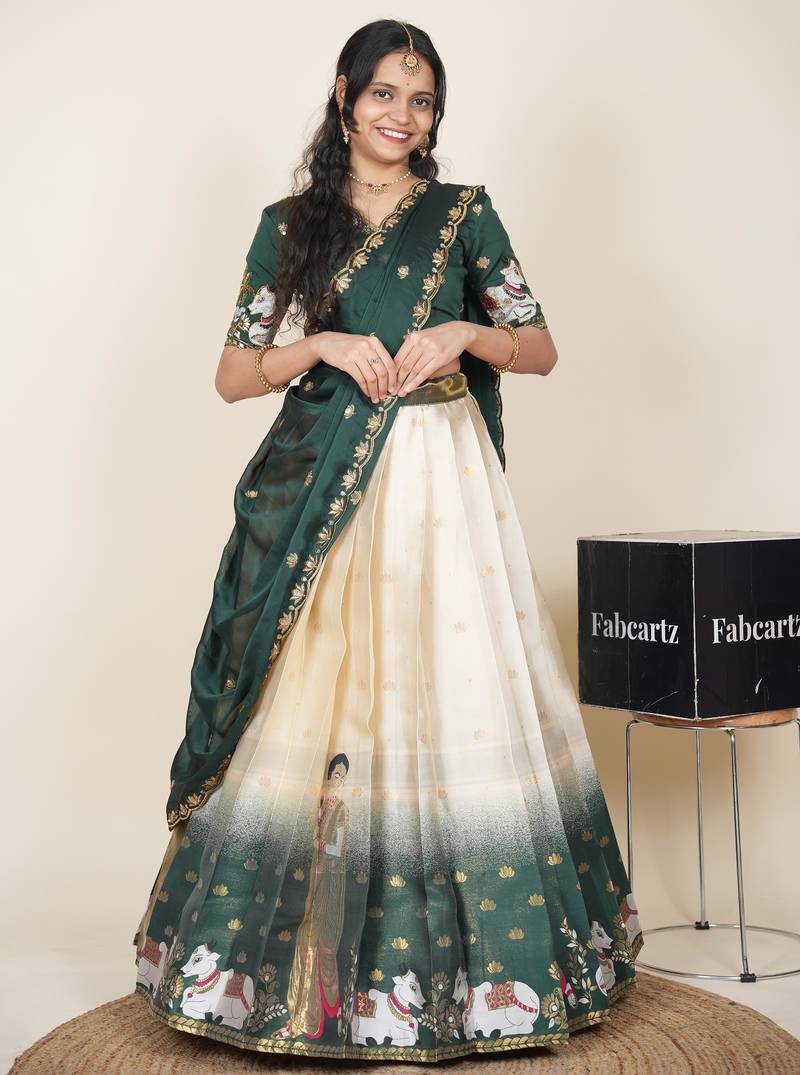 Beautiful South Indian Style Semi-Stitched Half Saree with Embroidered Blouse and Rangoli Dupatta for Women