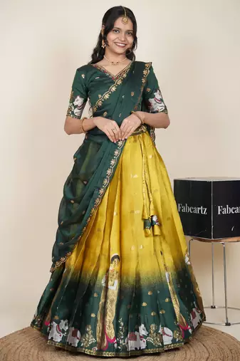 Beautiful South Indian Style Semi-Stitched Half Saree with Embroidered Blouse and Rangoli Dupatta for Women