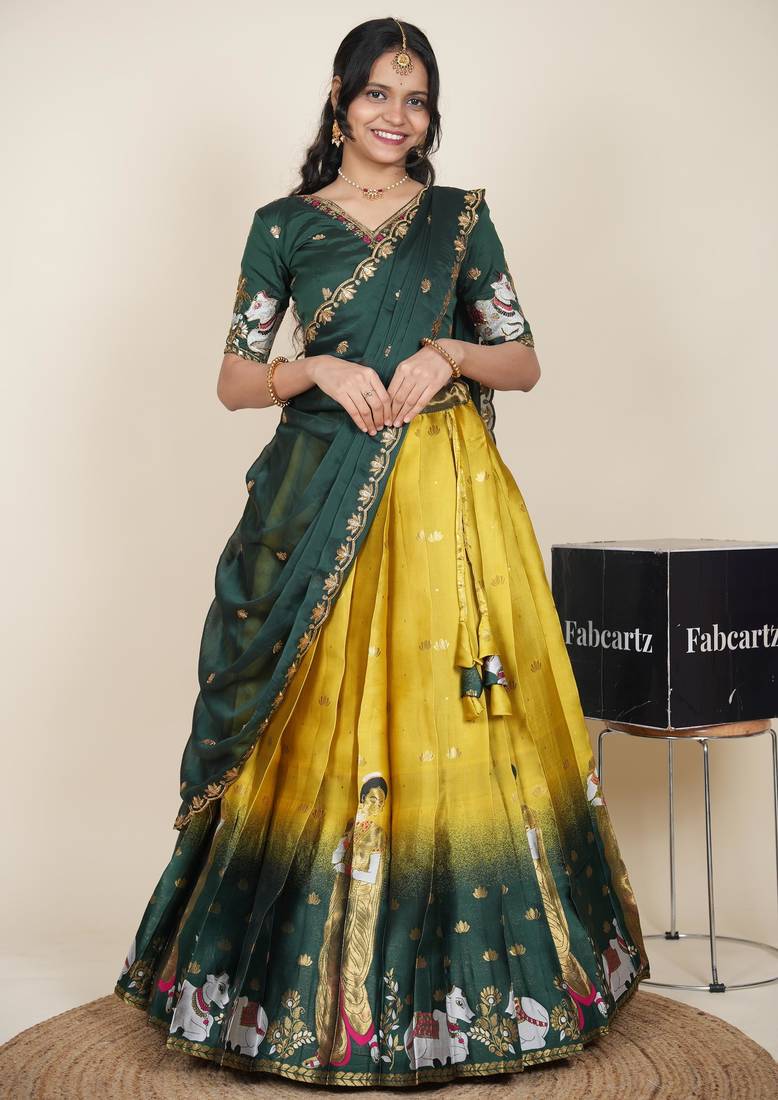 Beautiful South Indian Style Semi-Stitched Half Saree with Embroidered Blouse and Rangoli Dupatta for Women