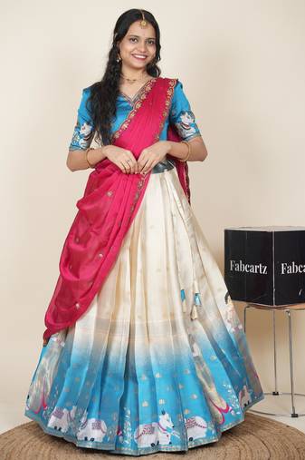 Beautiful South Indian Style Semi-Stitched Half Saree with Embroidered Blouse and Rangoli Dupatta for Women