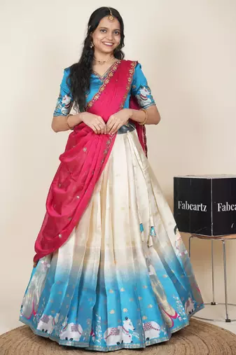 Beautiful South Indian Style Semi-Stitched Half Saree with Embroidered Blouse and Rangoli Dupatta for Women