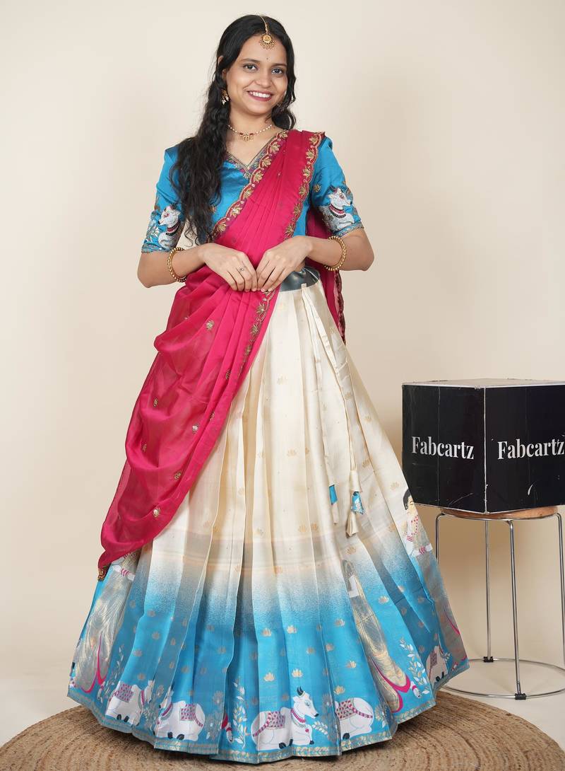 Beautiful South Indian Style Semi-Stitched Half Saree with Embroidered Blouse and Rangoli Dupatta for Women