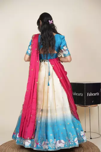 Beautiful South Indian Style Semi-Stitched Half Saree with Embroidered Blouse and Rangoli Dupatta for Women