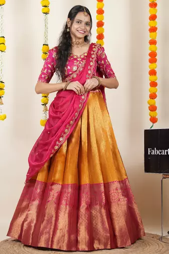 Beautiful South Indian Style Semi-Stitched Half Saree with Embroidered Blouse and Rangoli Dupatta for Women