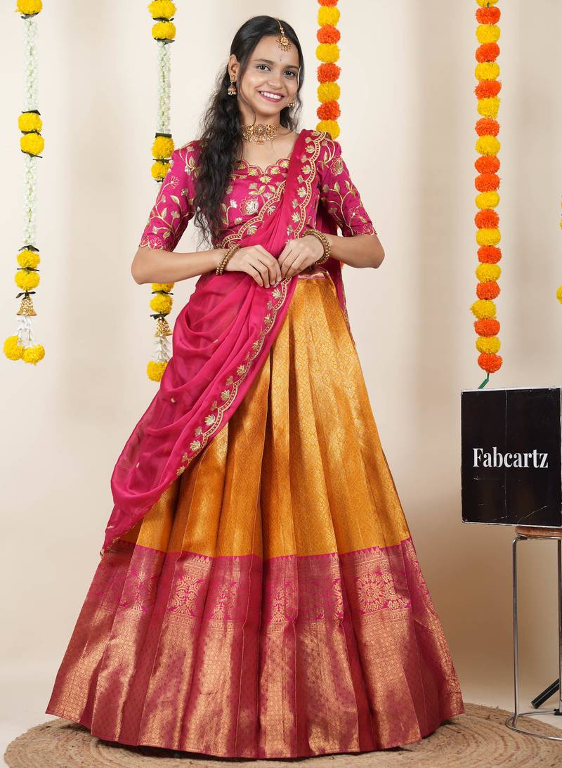 Beautiful South Indian Style Semi-Stitched Half Saree with Embroidered Blouse and Rangoli Dupatta for Women