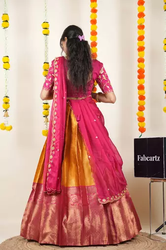 Beautiful South Indian Style Semi-Stitched Half Saree with Embroidered Blouse and Rangoli Dupatta for Women