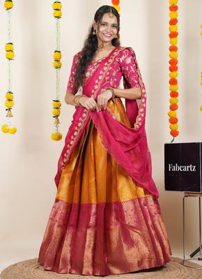 Beautiful South Indian Style Semi-Stitched Half Saree with Embroidered Blouse and Rangoli Dupatta for Women 3