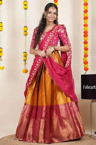 Beautiful South Indian Style Semi-Stitched Half Saree with Embroidered Blouse and Rangoli Dupatta for Women