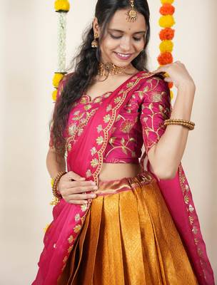 Beautiful South Indian Style Semi-Stitched Half Saree with Embroidered Blouse and Rangoli Dupatta for Women 4