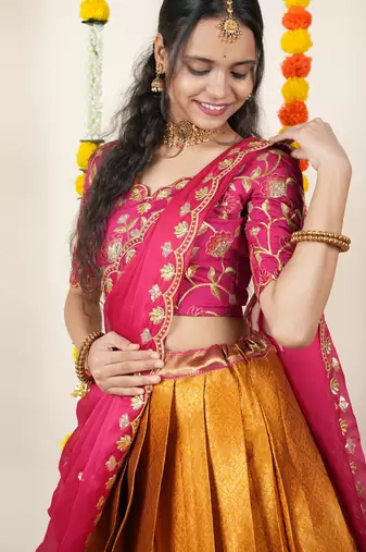 Beautiful South Indian Style Semi-Stitched Half Saree with Embroidered Blouse and Rangoli Dupatta for Women
