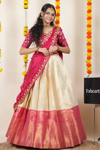 Beautiful South Indian Style Semi-Stitched Half Saree with Embroidered Blouse and Rangoli Dupatta for Women