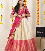 Beautiful South Indian Style Semi-Stitched Half Saree with Embroidered Blouse and Rangoli Dupatta for Women