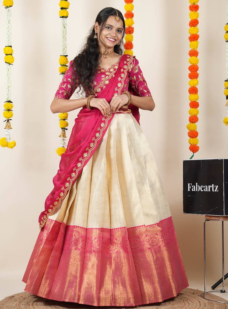 Beautiful South Indian Style Semi-Stitched Half Saree with Embroidered Blouse and Rangoli Dupatta for Women