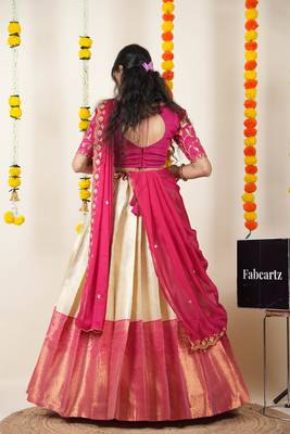 Beautiful South Indian Style Semi-Stitched Half Saree with Embroidered Blouse and Rangoli Dupatta for Women 2