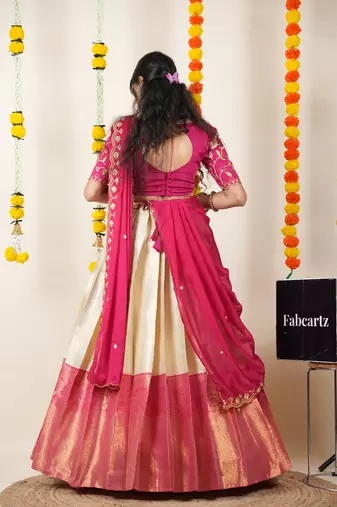Beautiful South Indian Style Semi-Stitched Half Saree with Embroidered Blouse and Rangoli Dupatta for Women