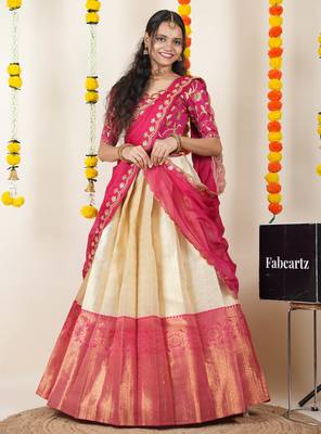 Beautiful South Indian Style Semi-Stitched Half Saree with Embroidered Blouse and Rangoli Dupatta for Women 3