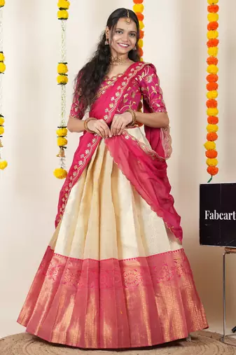 Beautiful South Indian Style Semi-Stitched Half Saree with Embroidered Blouse and Rangoli Dupatta for Women