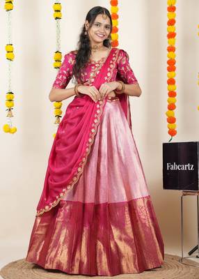 Beautiful South Indian Style Semi-Stitched Half Saree with Embroidered Blouse and Rangoli Dupatta for Women 1