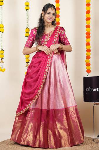 Beautiful South Indian Style Semi-Stitched Half Saree with Embroidered Blouse and Rangoli Dupatta for Women