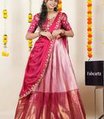Beautiful South Indian Style Semi-Stitched Half Saree with Embroidered Blouse and Rangoli Dupatta for Women