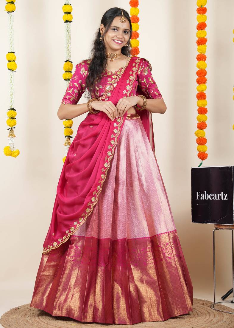 Beautiful South Indian Style Semi-Stitched Half Saree with Embroidered Blouse and Rangoli Dupatta for Women