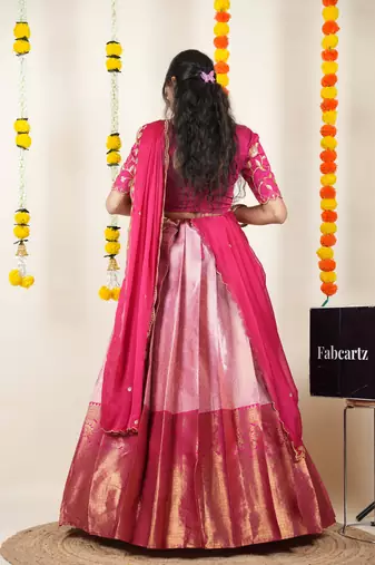 Beautiful South Indian Style Semi-Stitched Half Saree with Embroidered Blouse and Rangoli Dupatta for Women