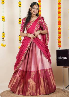 Beautiful South Indian Style Semi-Stitched Half Saree with Embroidered Blouse and Rangoli Dupatta for Women 3