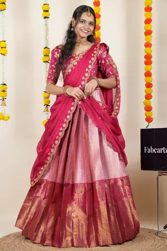 Beautiful South Indian Style Semi-Stitched Half Saree with Embroidered Blouse and Rangoli Dupatta for Women