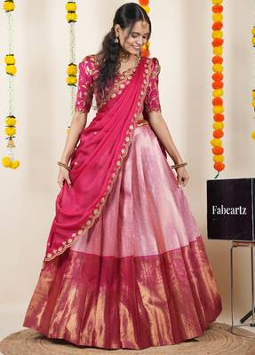 Beautiful South Indian Style Semi-Stitched Half Saree with Embroidered Blouse and Rangoli Dupatta for Women 4