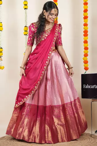 Beautiful South Indian Style Semi-Stitched Half Saree with Embroidered Blouse and Rangoli Dupatta for Women