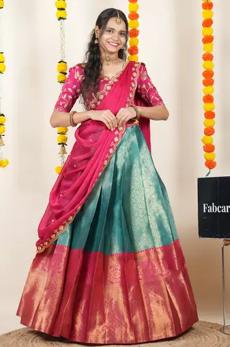 Beautiful South Indian Style Semi-Stitched Half Saree with Embroidered Blouse and Rangoli Dupatta for Women